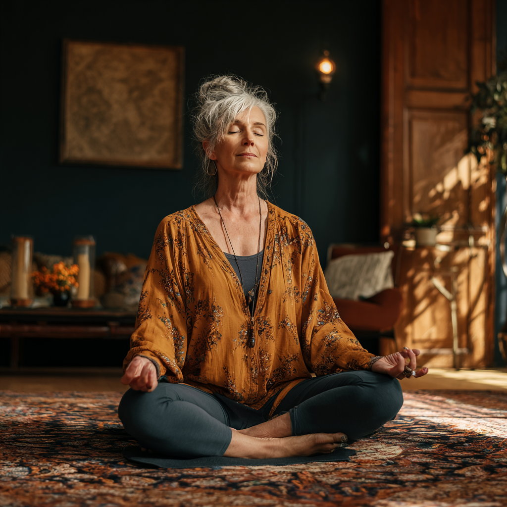 Жінка 55 років медитує в позі лотоса в затишному інтер'єрі студії йоги