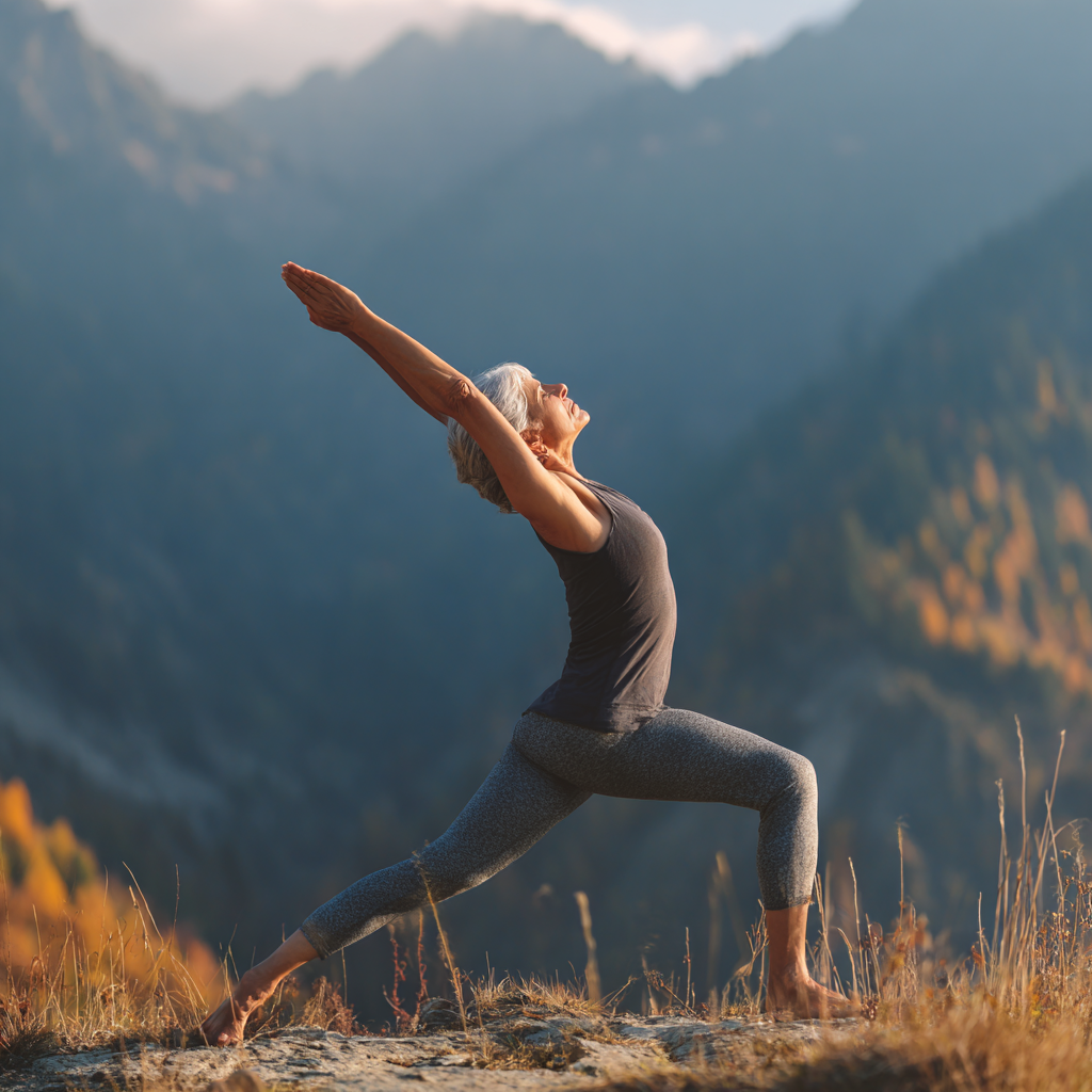 Жінка 55 років виконує асану йоги на фоні природи, демонструючи гнучкість та спокій