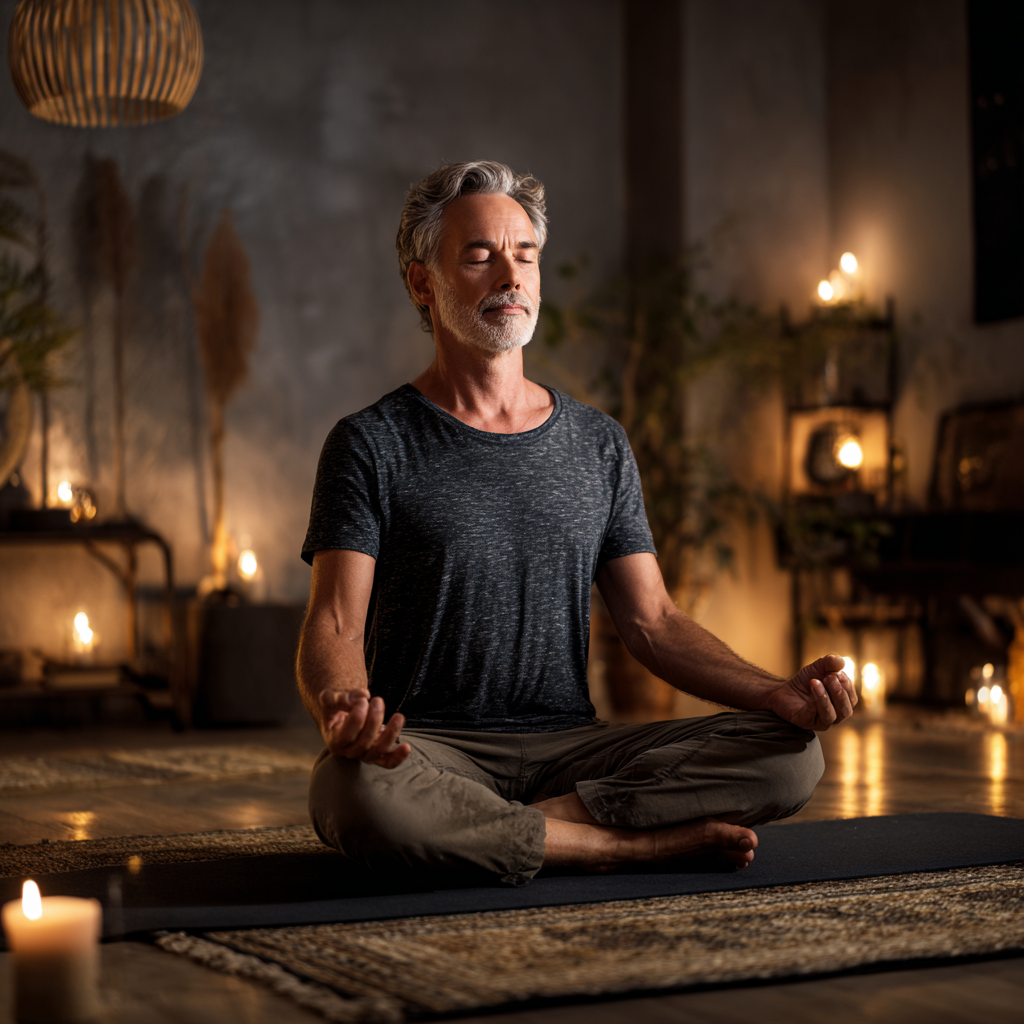 Чоловік 60 років у позі лотоса медитує в затишній йога-студії