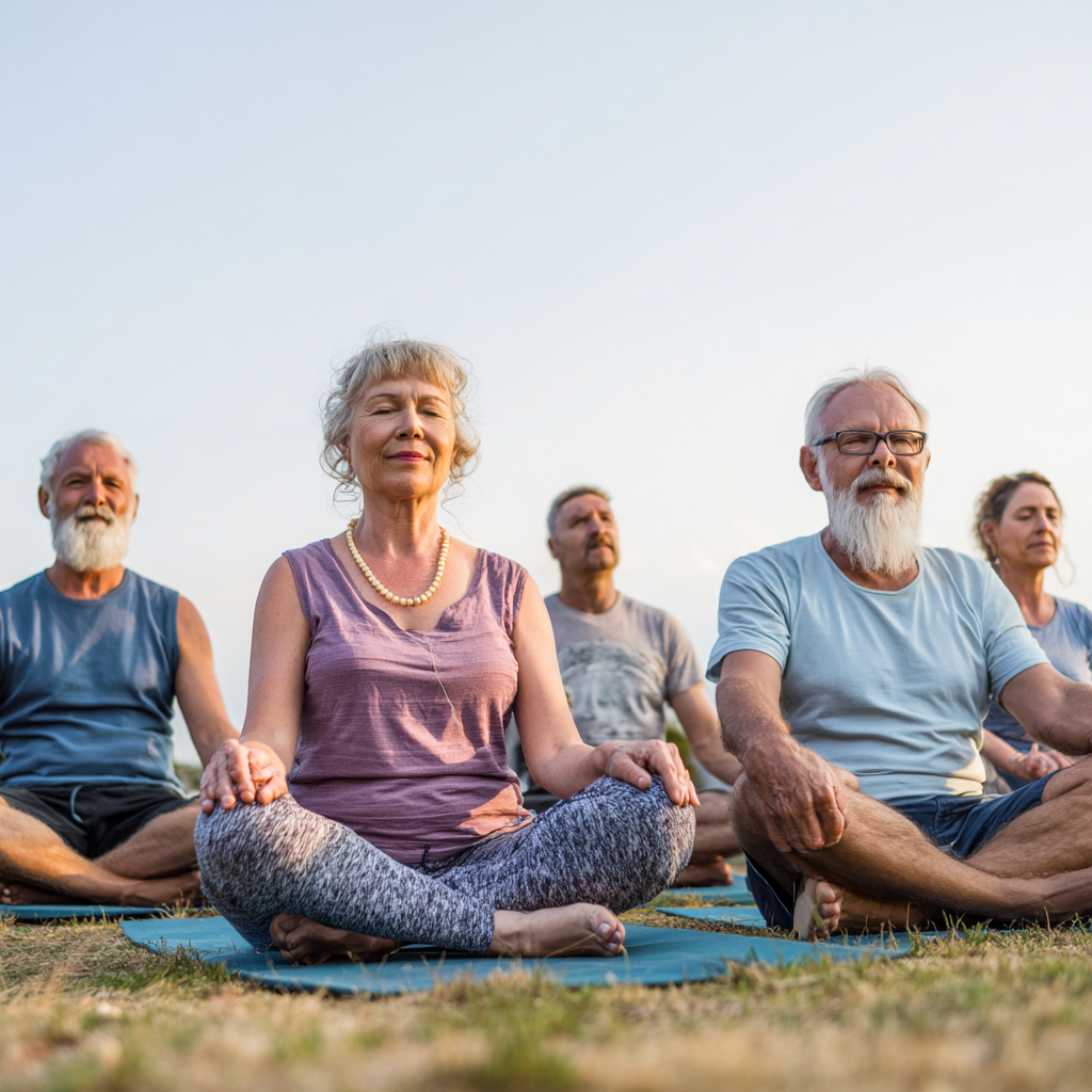Група людей старшого віку 50-60 років у позах йоги на природі, демонструючи спокій та гармонію